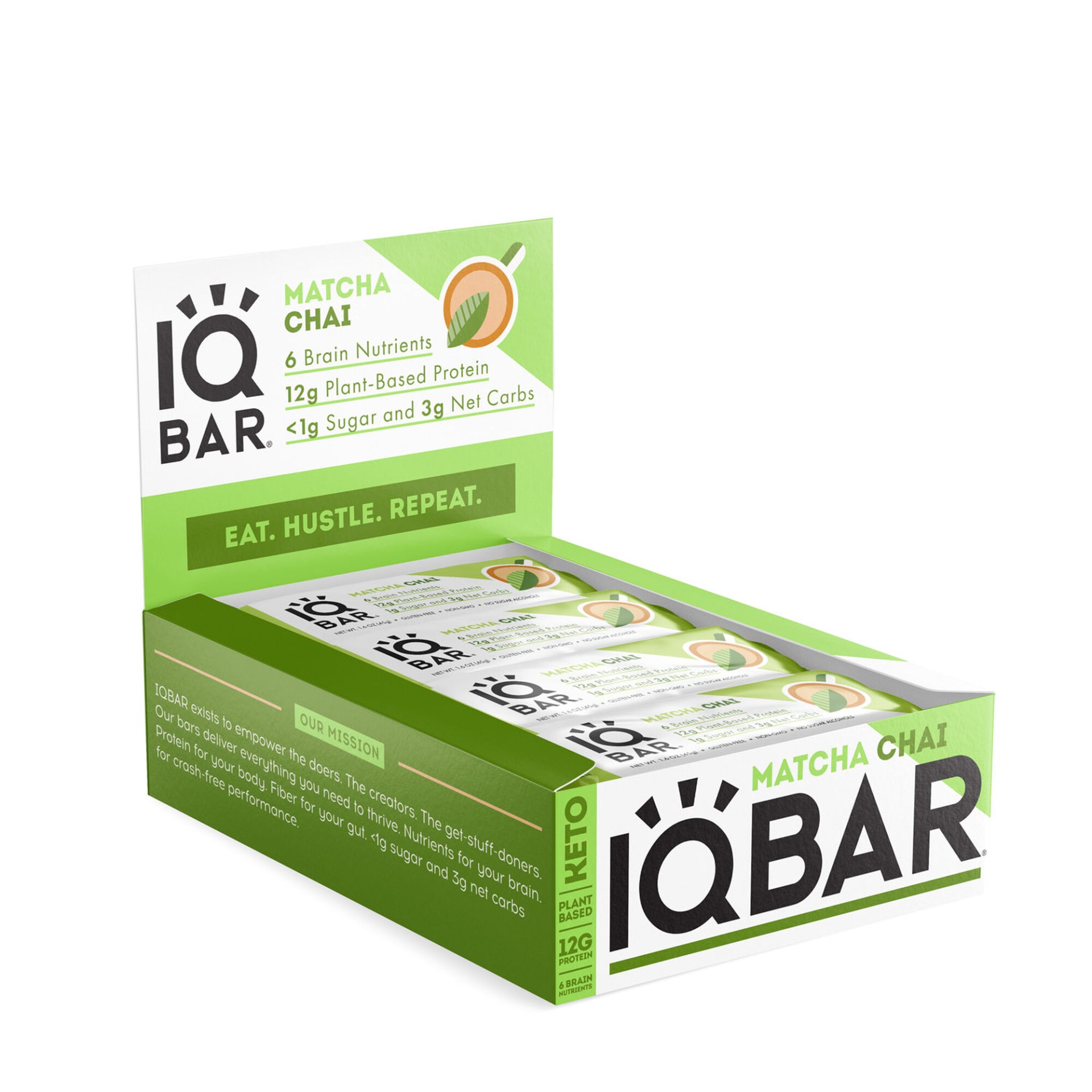 slide 1 of 1, IQBAR Keto Plus Vegan Protein Bar - Matcha Chai, 12 ct