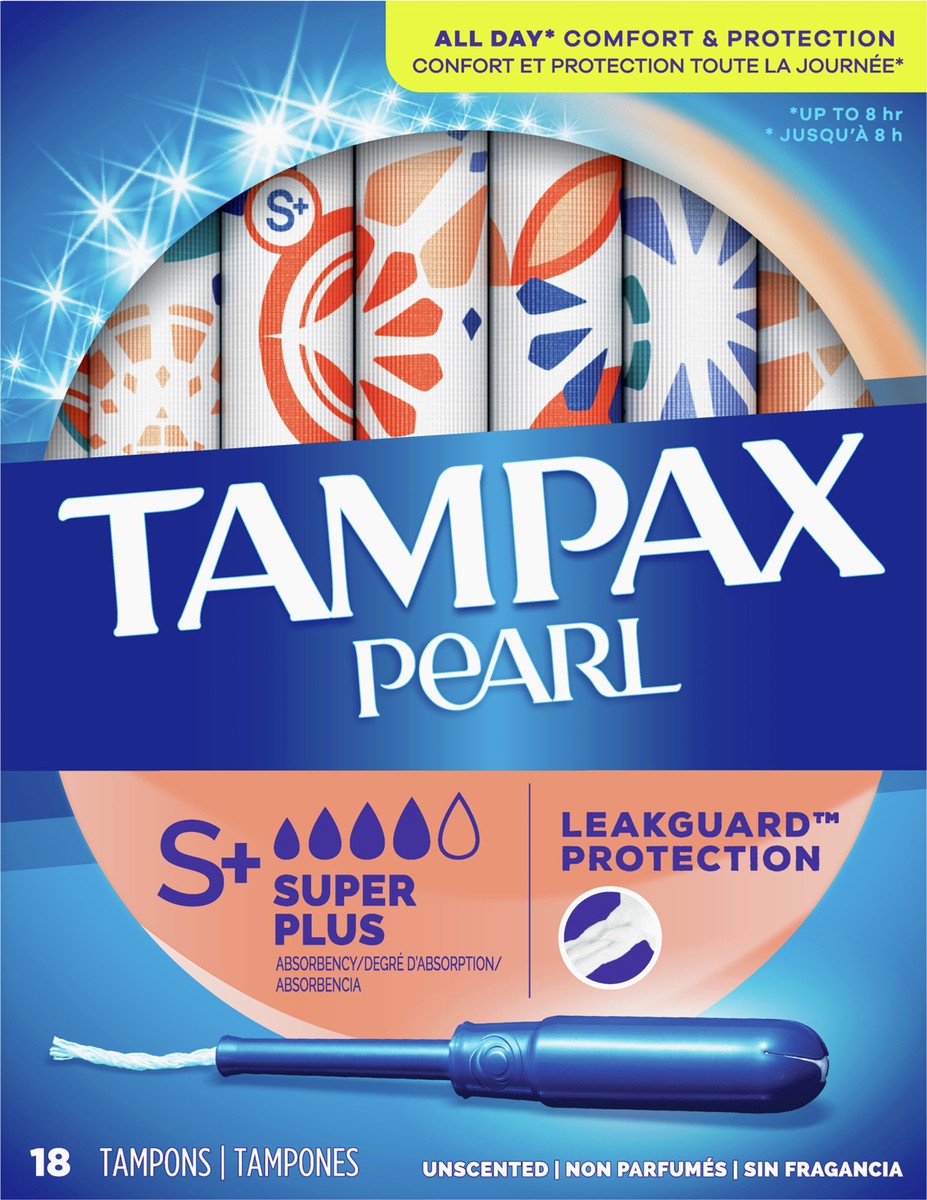 slide 2 of 2, Tampax Pearl Tampons, with LeakGuard Braid, Super Plus Absorbency, Unscented, 18 Count, 18 ct