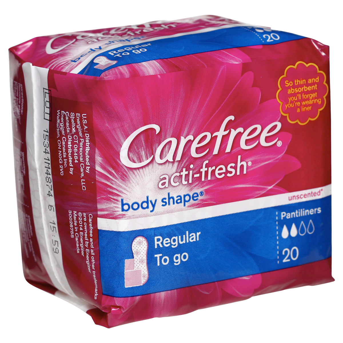 slide 48 of 67, Carefree Panty Liners, Regular Liners, Wrapped Unscented, 20 ct