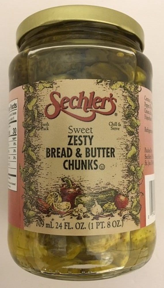 slide 1 of 2, Sechler's Zesty Bread & Butter Chunks Pickles, 24 fl oz