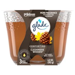 Glade Candle Comforting Cashmere Woods Scent, 3-Wick, 6.8 oz (193 g), 1 Count, Fragrance Infused with Essential Oils, Notes of Jasmine Petals, Creamy Sandalwood, Musk, Lead-Free Wick Scented Candles