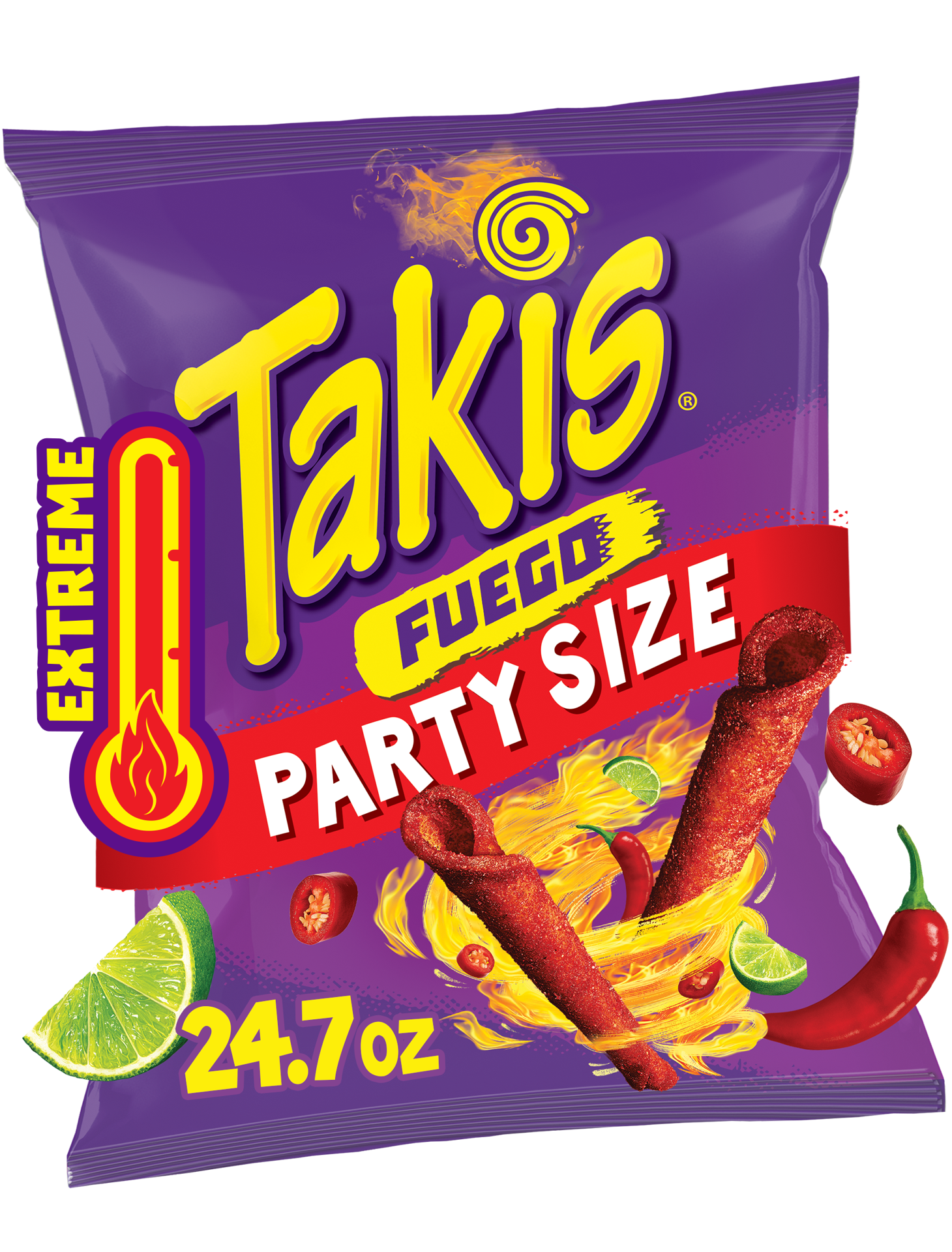 slide 1 of 7, Takis Fuego 24.7 oz Party Size Bag, Hot Chili Pepper & Lime Flavored Extreme Spicy Rolled Tortilla Chips, 24.7 oz