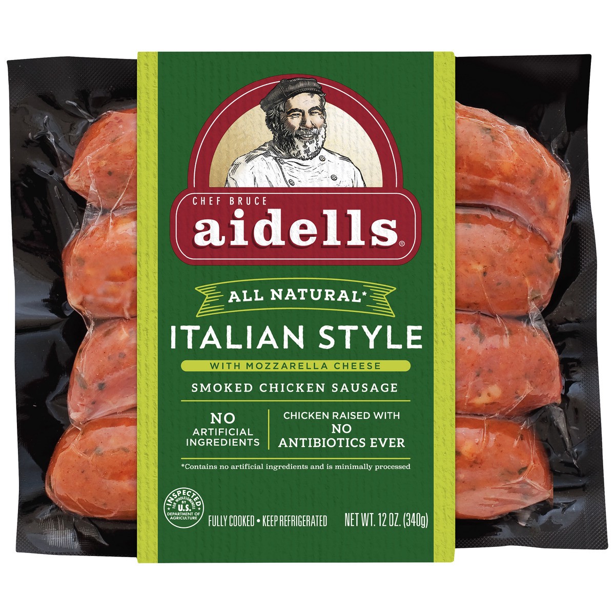 slide 1 of 1, Aidells Smoked Chicken Sausage, Italian Style with Mozzarella Cheese, 12 oz. (4 Fully Cooked Links), 340.19 g