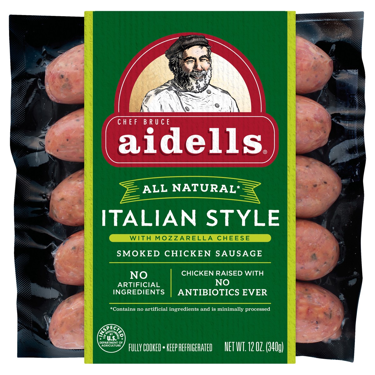 slide 1 of 6, Aidells Smoked Chicken Sausage\, Italian Style with Mozzarella Cheese\, 12 oz. (4 Fully Cooked Links), 12 oz