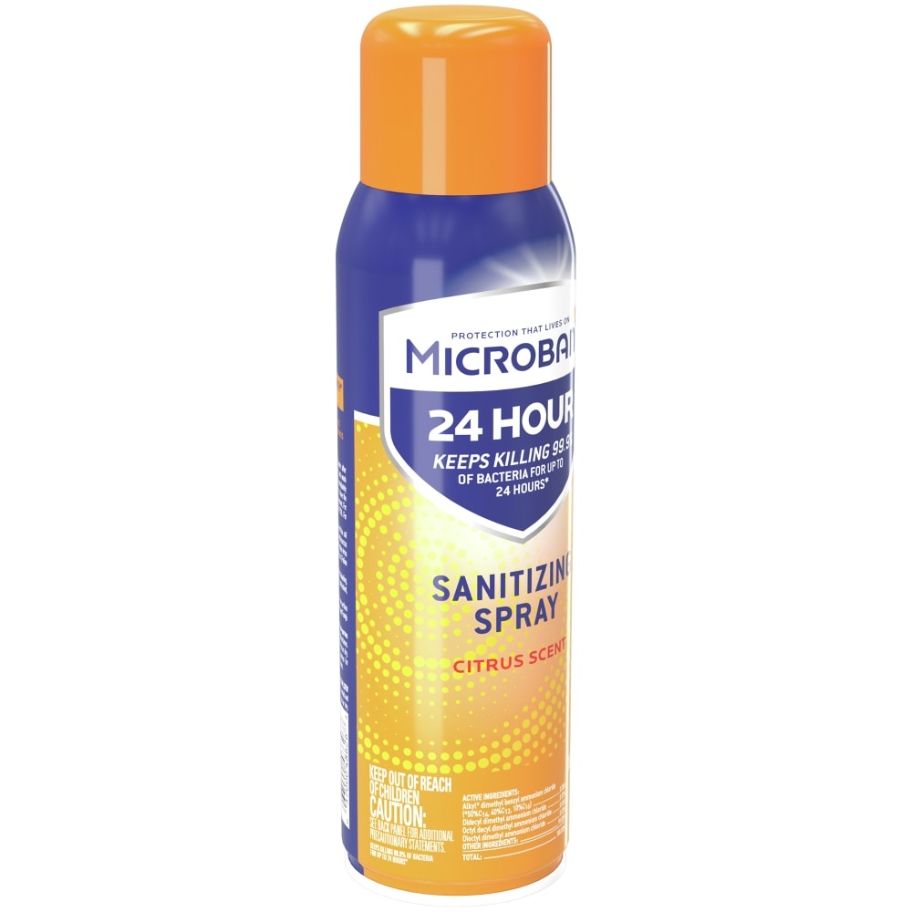 slide 1 of 3, Microban Citrus Scented Sanitizing Spray, 15 oz