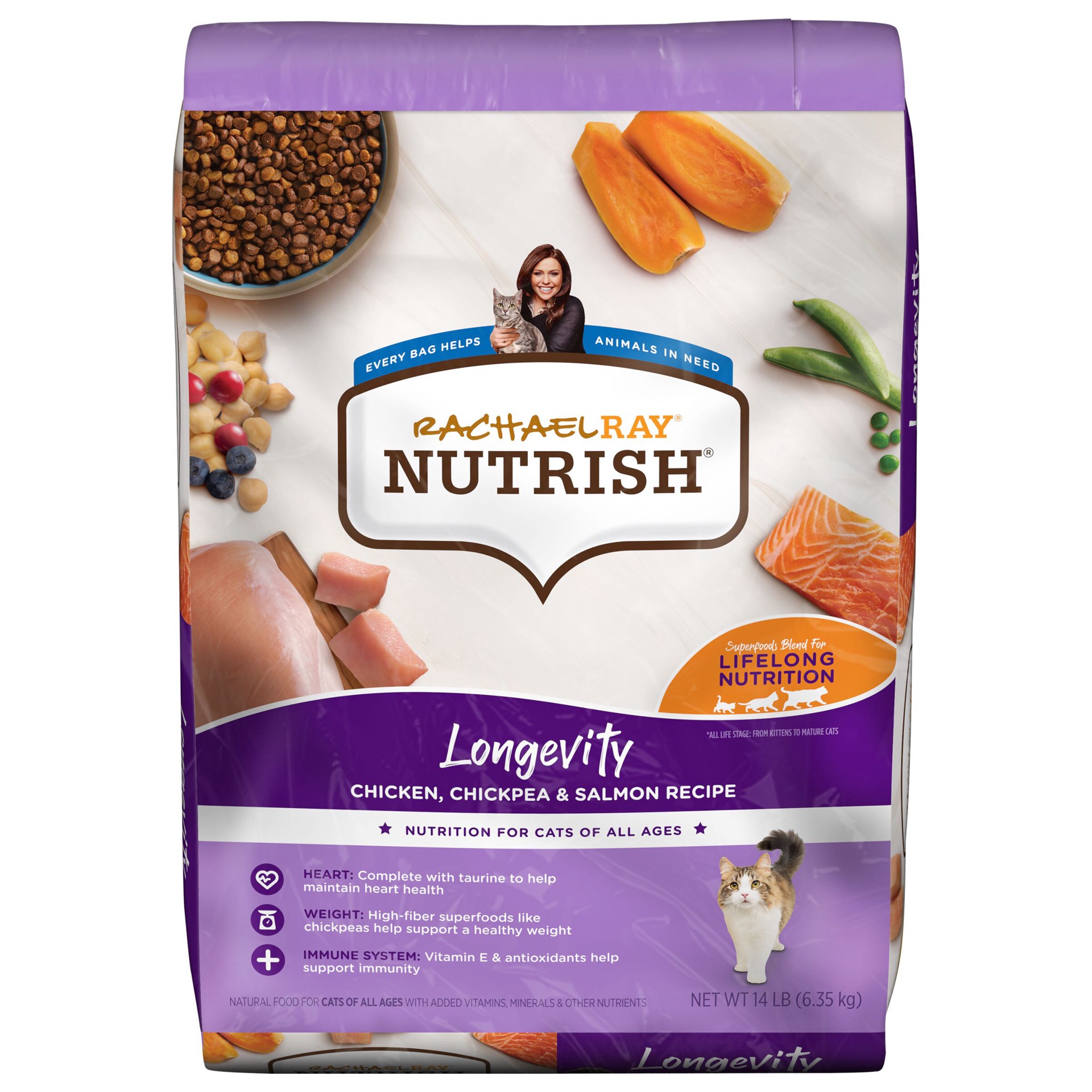 slide 1 of 9, Rachael Ray Nutrish Longevity Chicken, Chickpea & Salmon Recipe Dry Cat Food, 14 lb. Bag, 14 lb