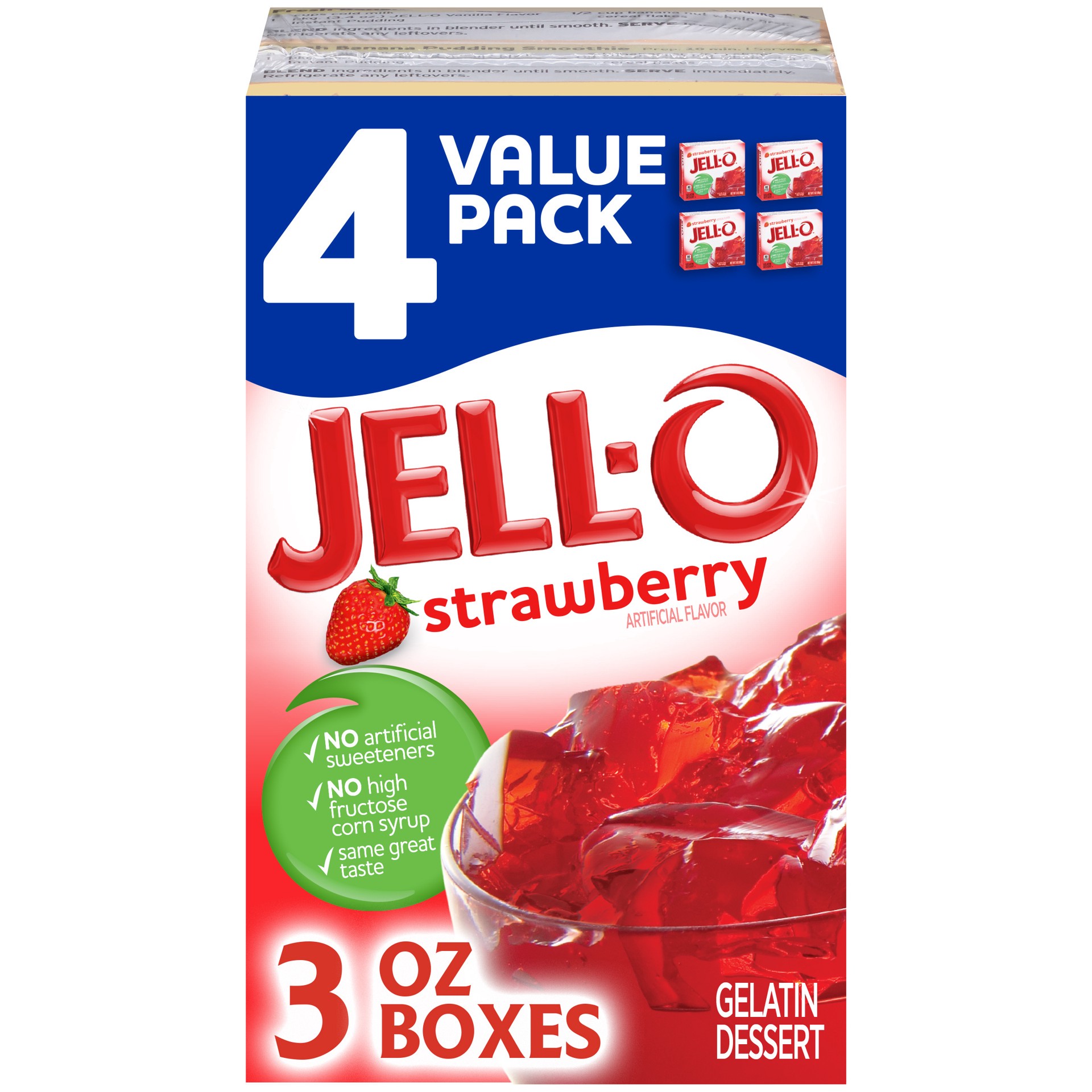 slide 1 of 5, Jell-O Strawberry Gelatin Dessert Mix Value Pack, 4 ct Pack, 3 oz Boxes, 4 ct