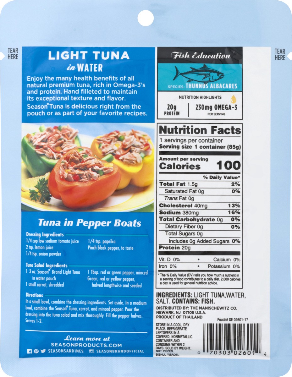 slide 10 of 10, Season Brand Light Tuna, in Water, Premium, Wild Caught, 3 oz