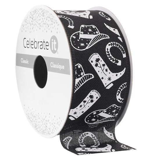 slide 1 of 2, 1.5" X 3yd. Black & White Western Print Ribbon By Celebrate It Classic, 1.5 in x 3 yd