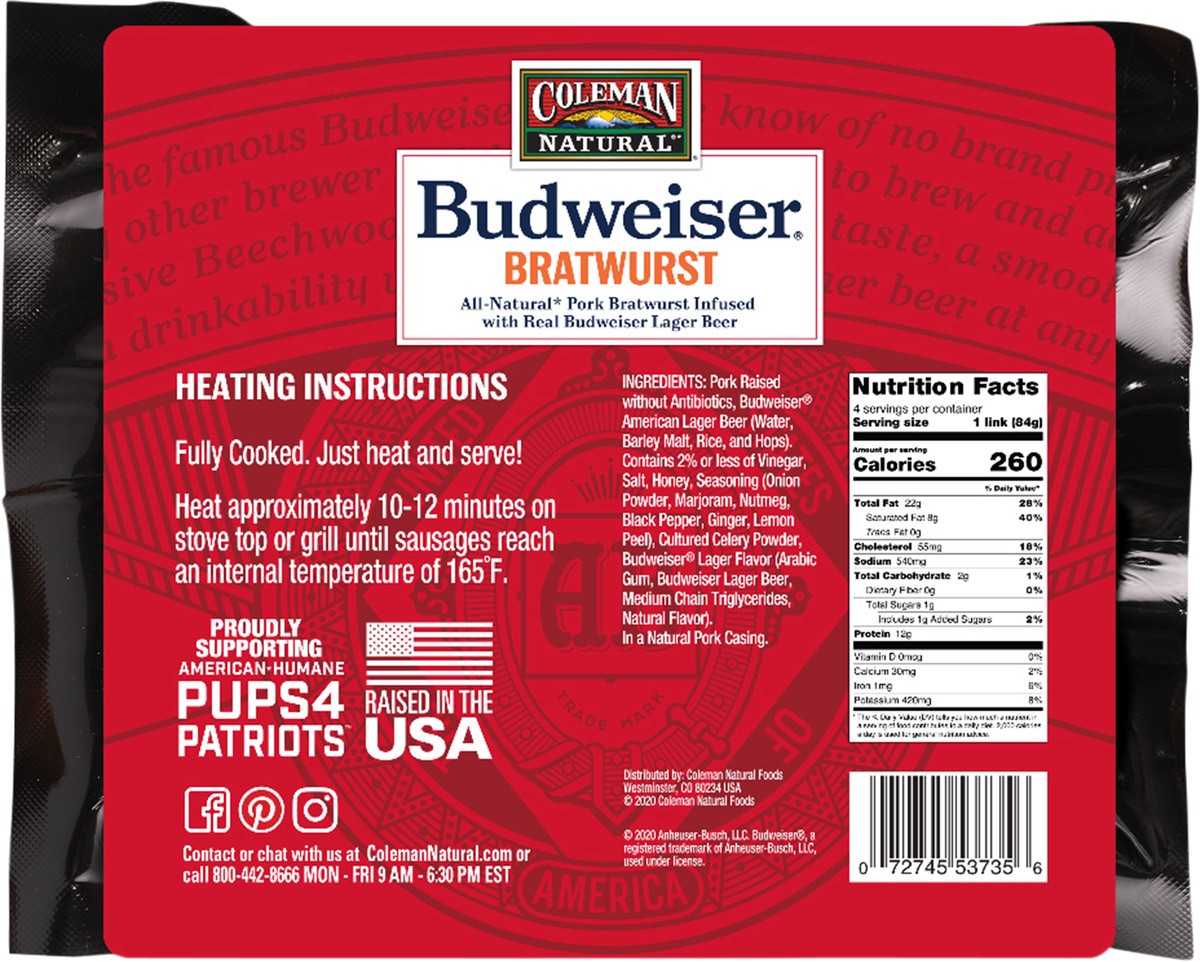 slide 3 of 8, Coleman Natural Coleman Budweiser Brat, 12 oz