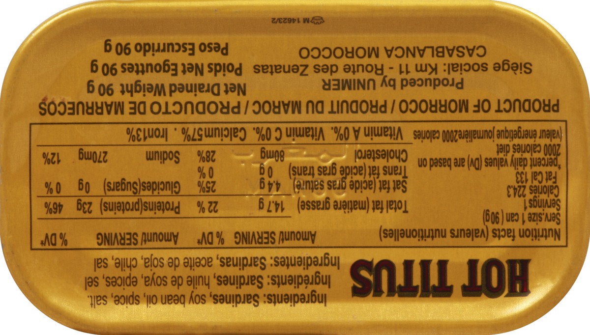 slide 6 of 6, Titus Vegetable Oil Hot Spiced Sardines, 125 gram