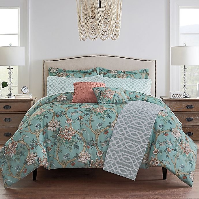 slide 1 of 7, Waverly Mudan Floral Reversible Queen Comforter Set - Blue, 10 ct