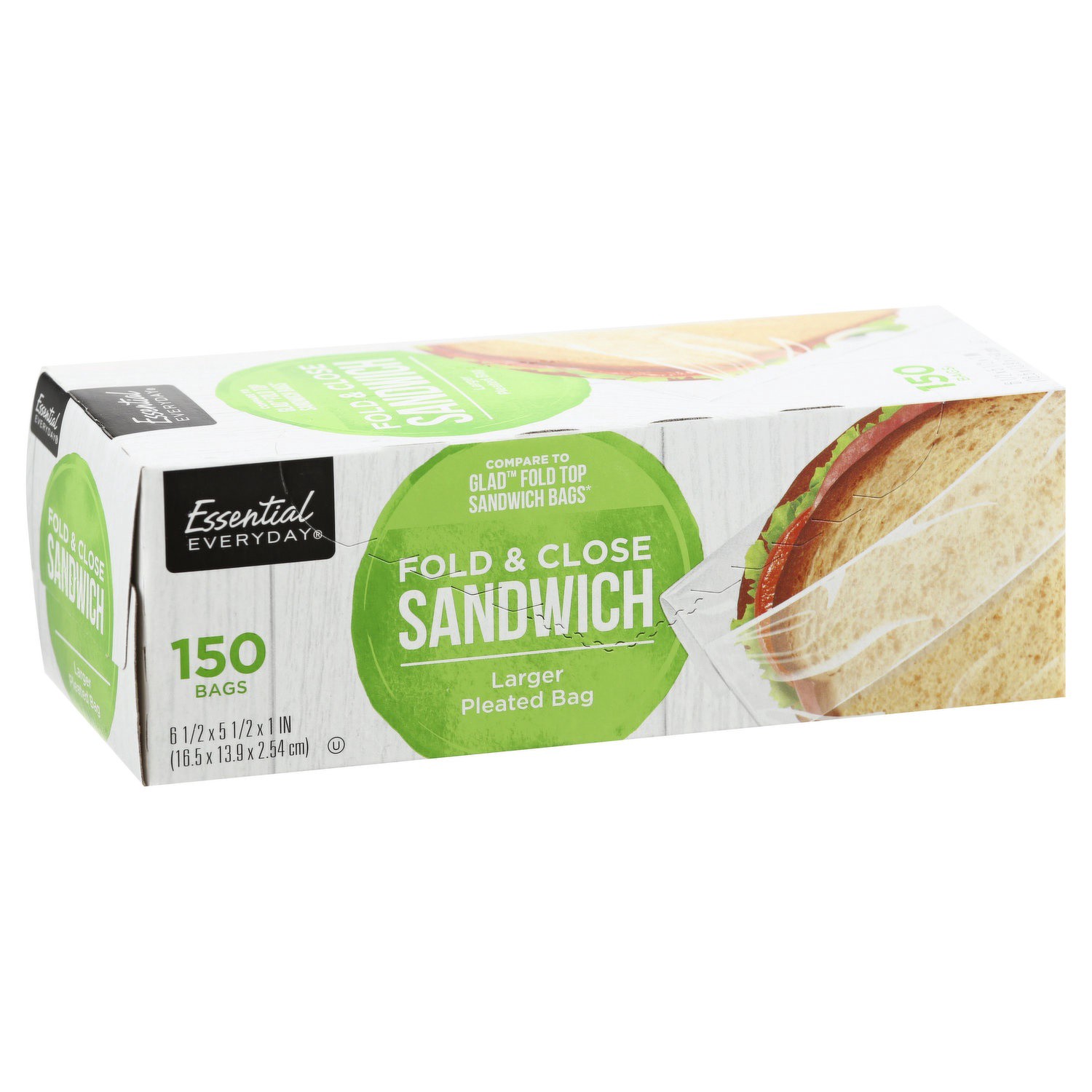 slide 1 of 1, Essential Everyday Pleated Fold and Close Sandwich Bags, 150 ct