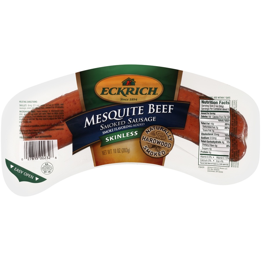 slide 1 of 1, Eckrich Skinless Mesquite Beef Smoked Sausage, 10 oz