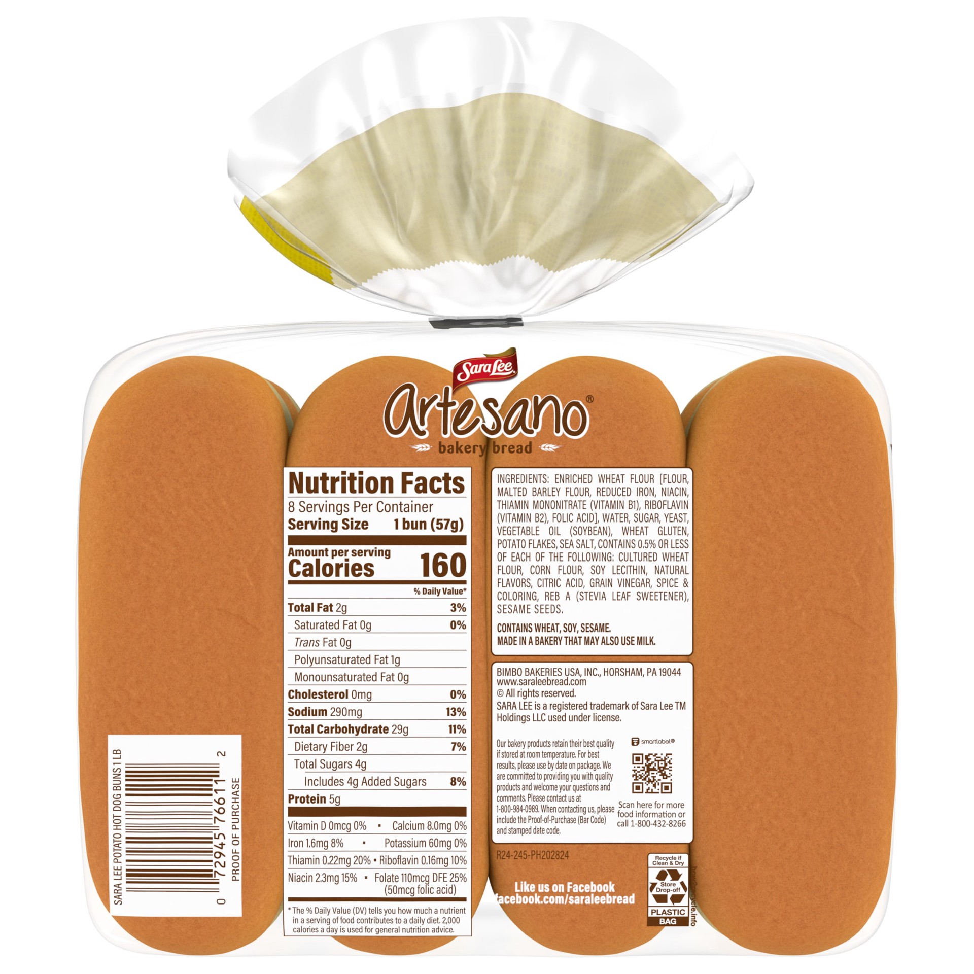 slide 4 of 8, Sara Lee Artesano Potato Hot Dog Buns, 8 count, 16 oz, 8 ct