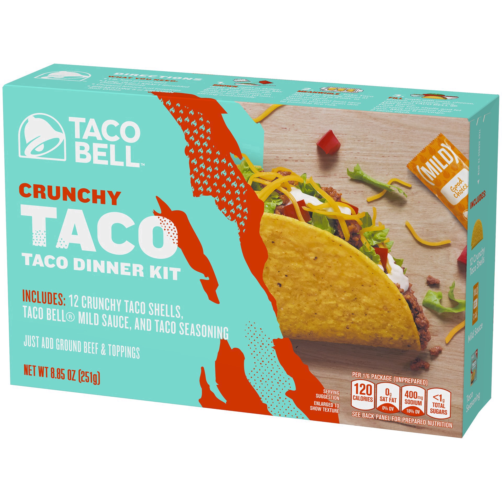 slide 6 of 91, Taco Bell Crunchy Taco Cravings Kit with 12 Crunchy Taco Shells, Taco Bell Mild Sauce & Seasoning, 8.85 oz Box, 1 ct