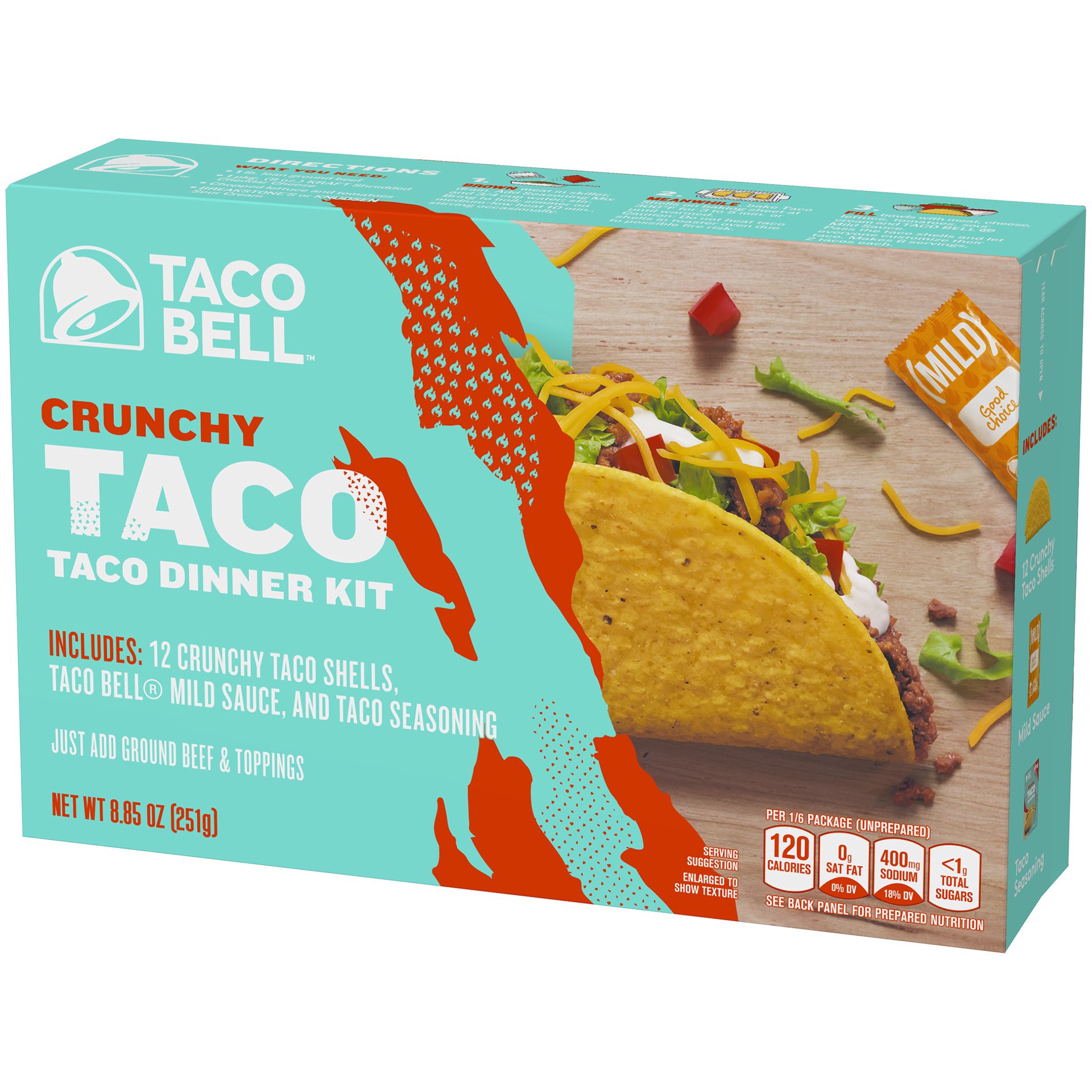 slide 52 of 91, Taco Bell Crunchy Taco Cravings Kit with 12 Crunchy Taco Shells, Taco Bell Mild Sauce & Seasoning, 8.85 oz Box, 1 ct