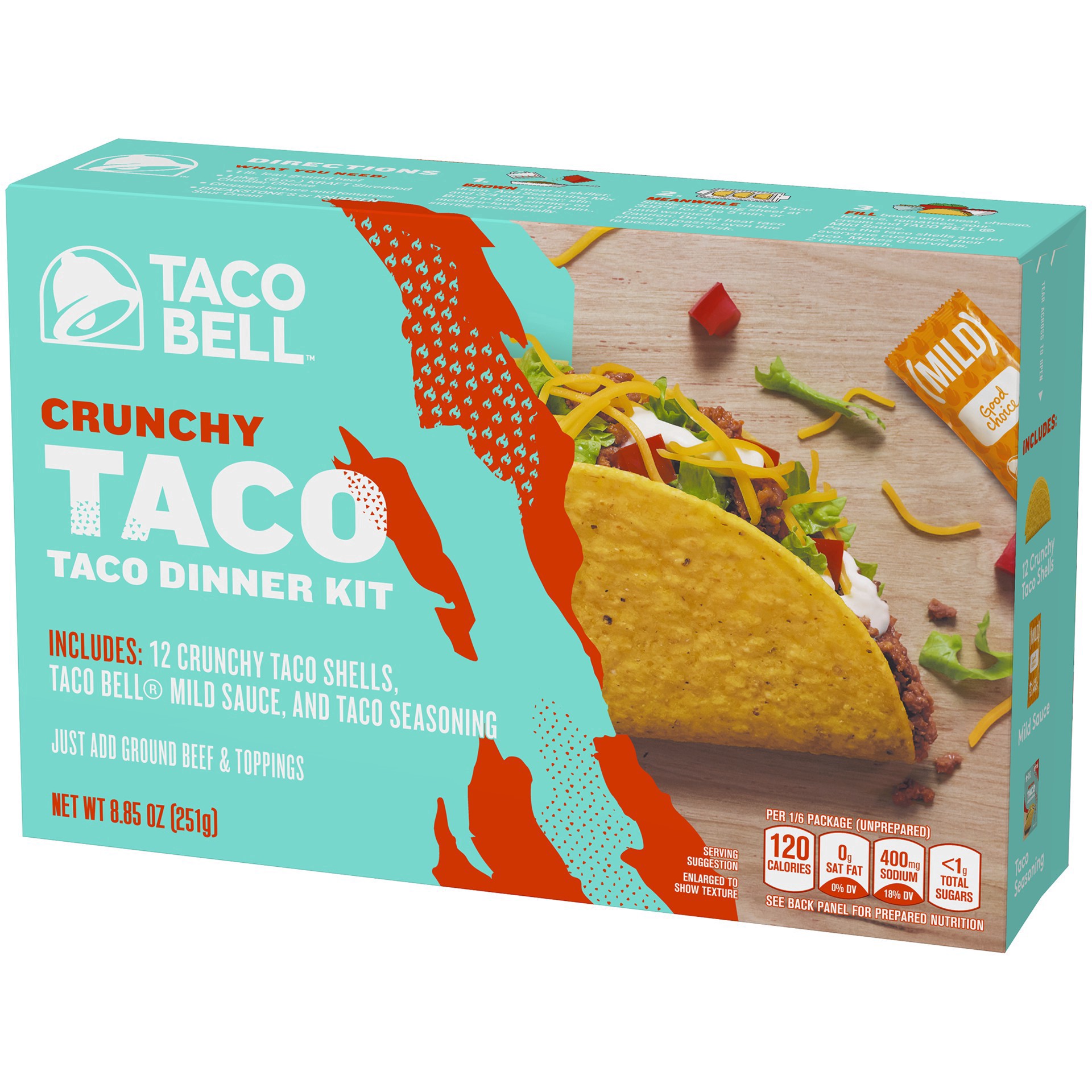 slide 77 of 91, Taco Bell Crunchy Taco Cravings Kit with 12 Crunchy Taco Shells, Taco Bell Mild Sauce & Seasoning, 8.85 oz Box, 1 ct