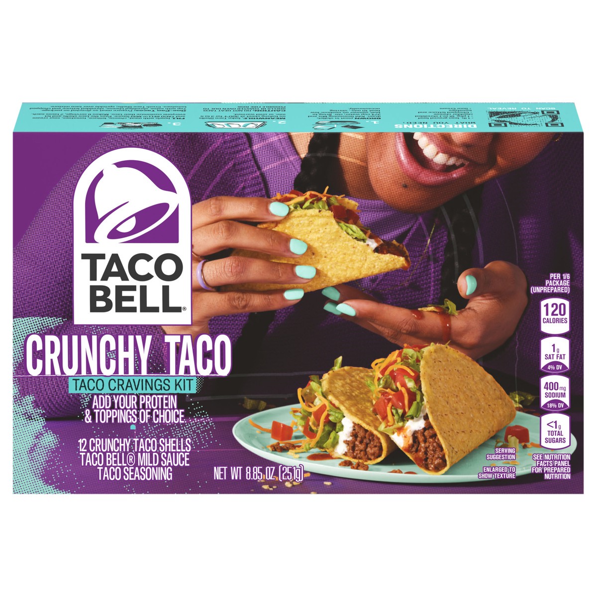 slide 1 of 91, Taco Bell Crunchy Taco Cravings Kit with 12 Crunchy Taco Shells, Taco Bell Mild Sauce & Seasoning, 8.85 oz Box, 8.85 oz