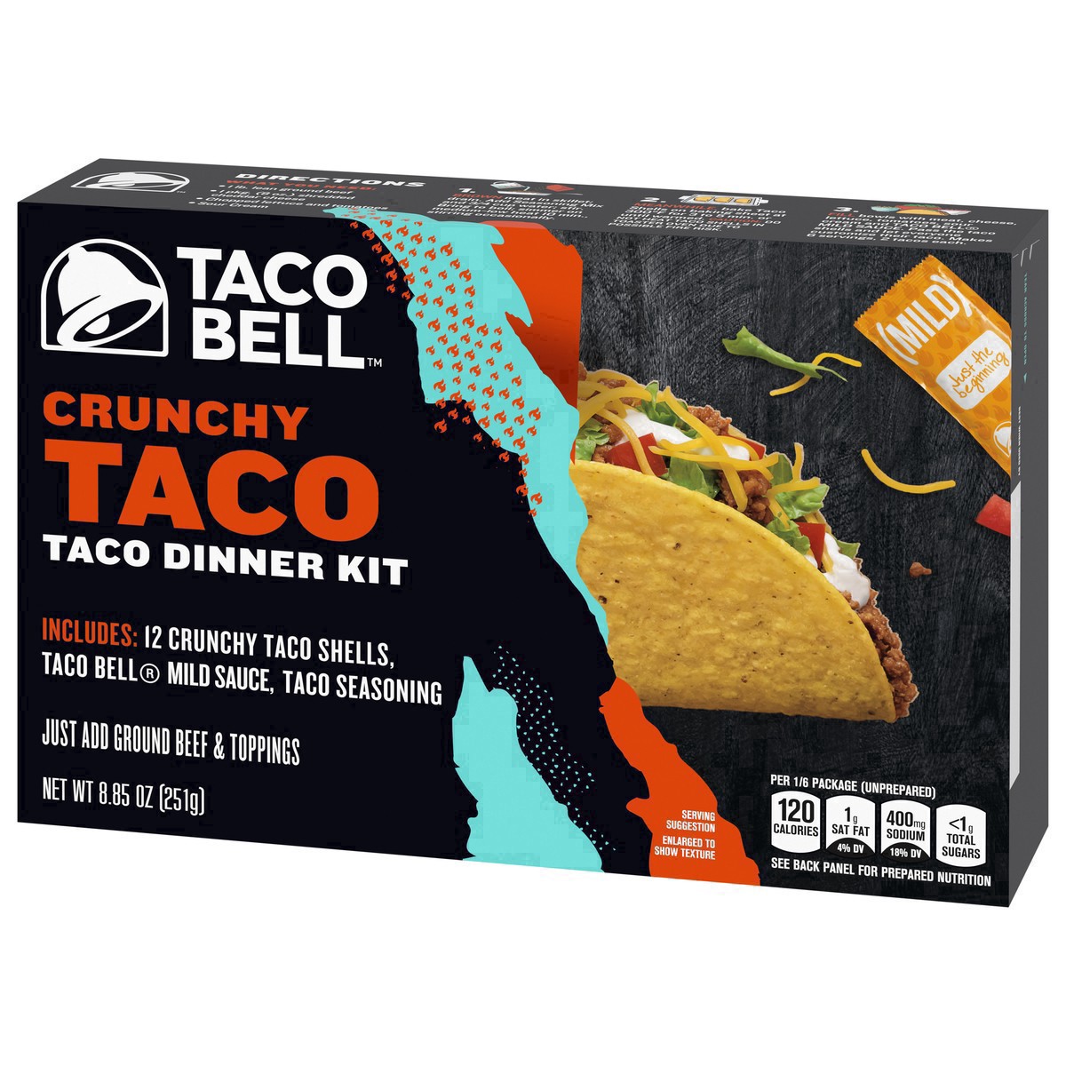 slide 73 of 91, Taco Bell Crunchy Taco Cravings Kit with 12 Crunchy Taco Shells, Taco Bell Mild Sauce & Seasoning, 8.85 oz Box, 1 ct