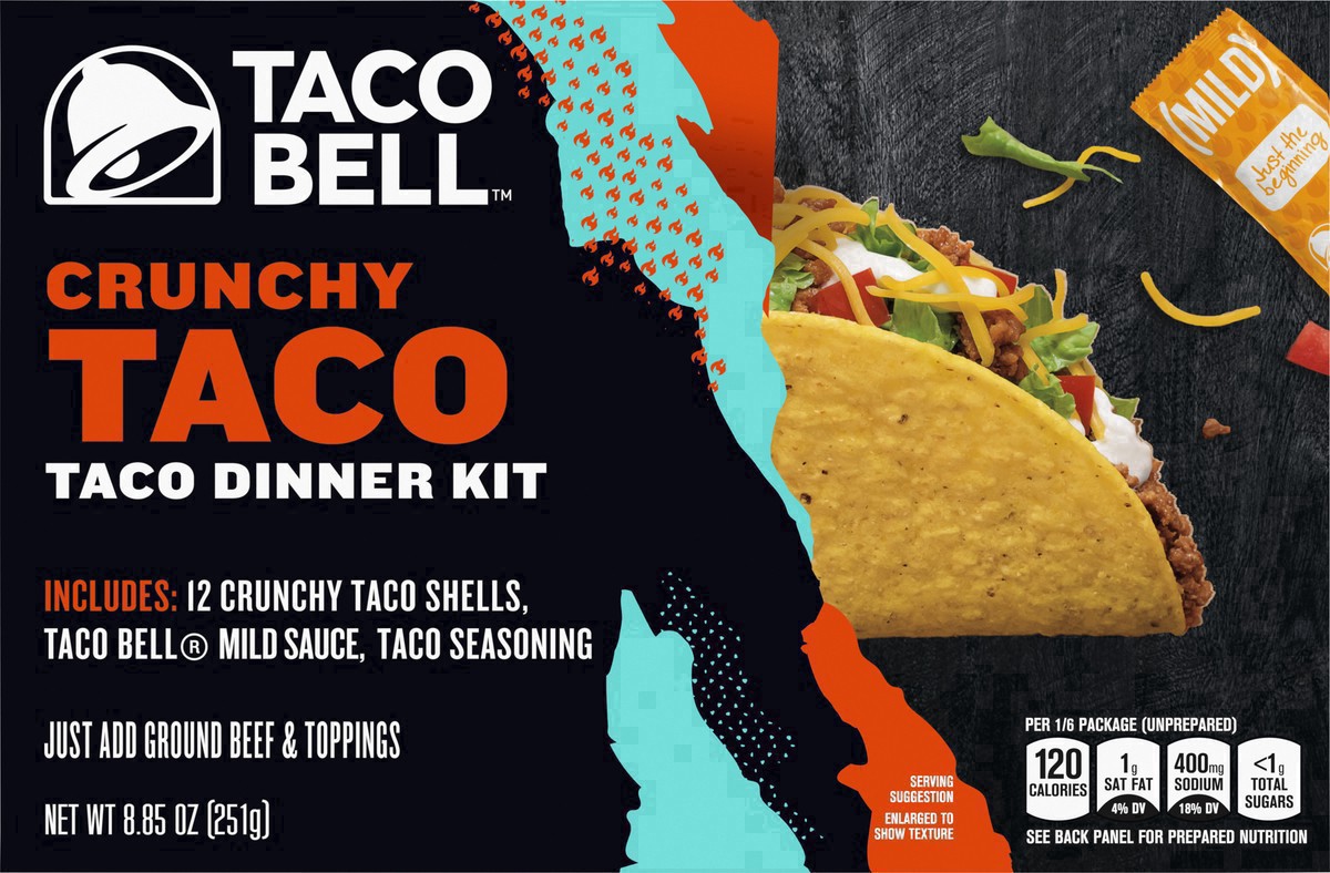 slide 36 of 91, Taco Bell Crunchy Taco Cravings Kit with 12 Crunchy Taco Shells, Taco Bell Mild Sauce & Seasoning, 8.85 oz Box, 1 ct