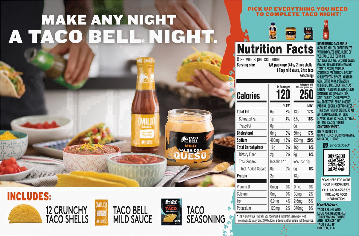 slide 38 of 91, Taco Bell Crunchy Taco Cravings Kit with 12 Crunchy Taco Shells, Taco Bell Mild Sauce & Seasoning, 8.85 oz Box, 1 ct
