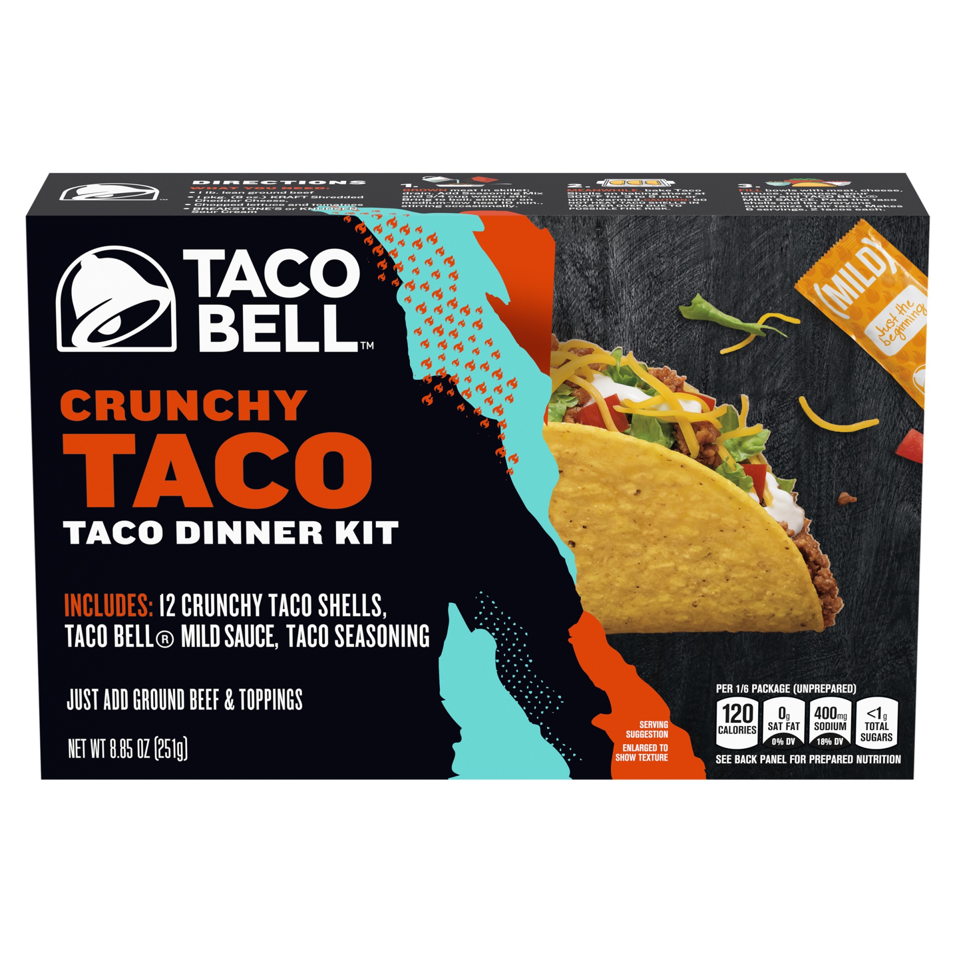 slide 1 of 11, Taco Bell Crunchy Taco Dinner Kit with 12 Crunchy Taco Shells, Taco Bell Mild Sauce & Seasoning, 8.85 oz