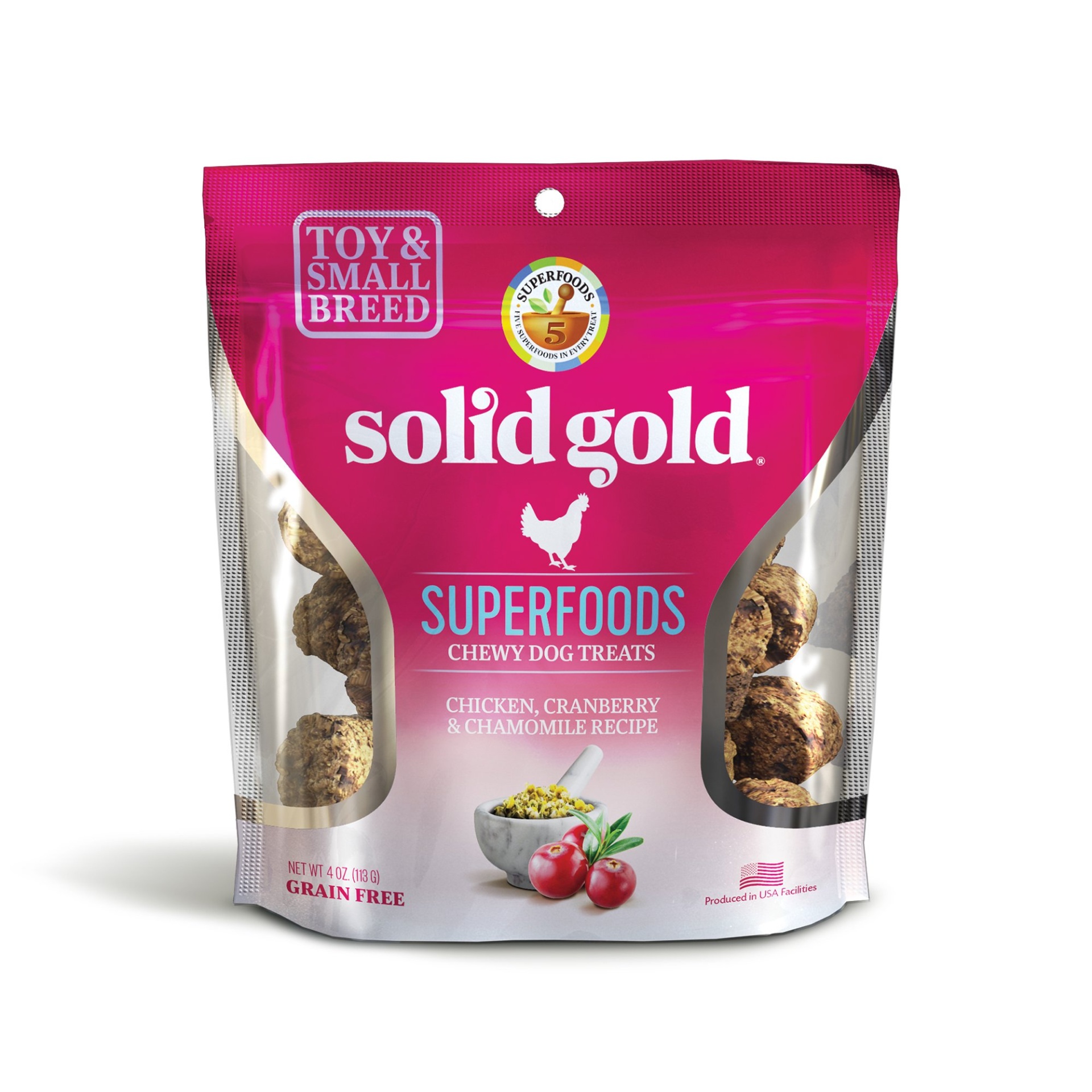 slide 1 of 1, Solid Gold Grain Free Chicken, Cranberry & Chamomile Small & Toy Breed Chewy Dog Treats, 4 oz