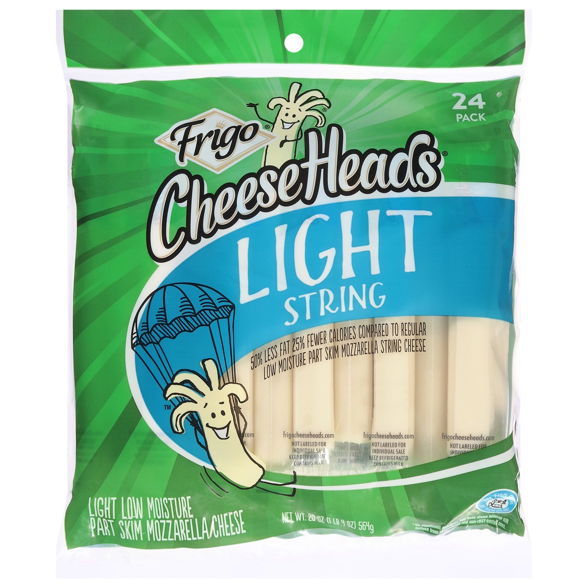 slide 1 of 11, Frigo CheeseHeads Light Mozzarella String Cheese 24 ea, 24 ct; 20 fl oz