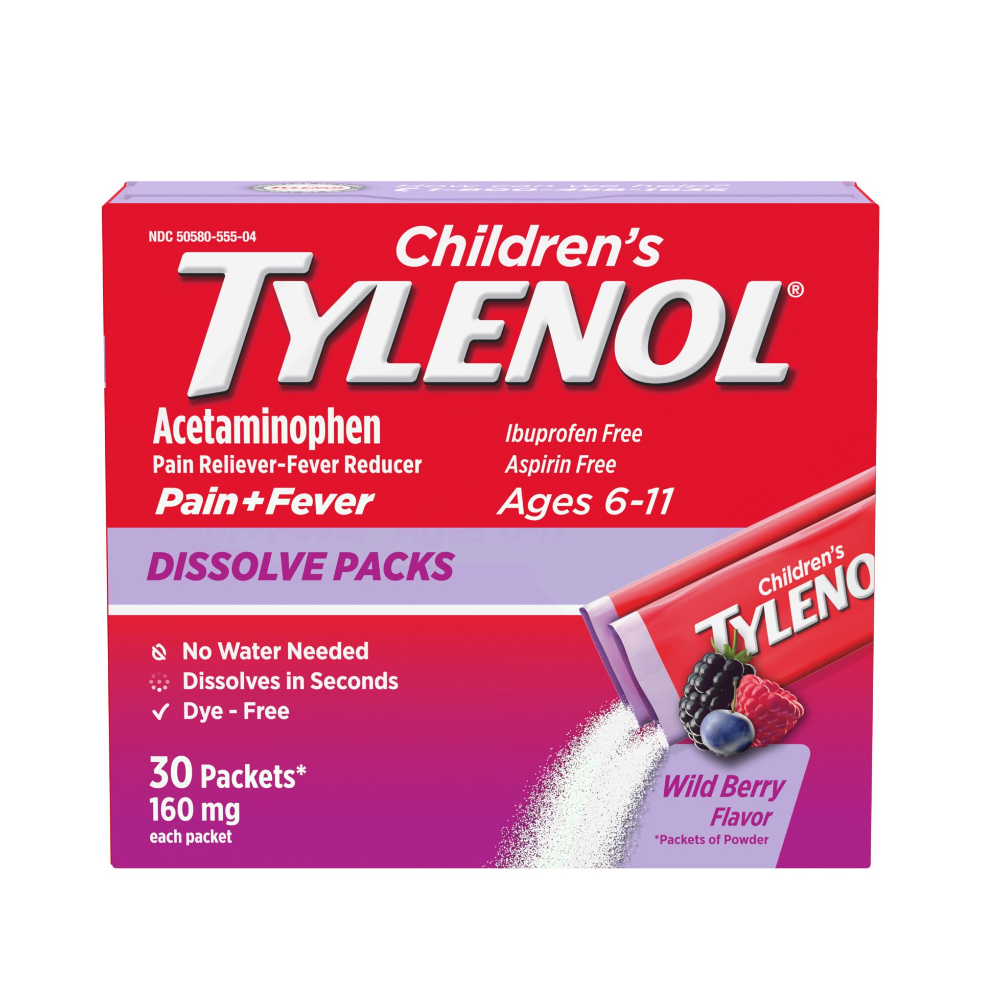 slide 1 of 9, Children's Tylenol Acetaminophen Dissolve Packets, Wild Berry, 30 ct, 30 ct