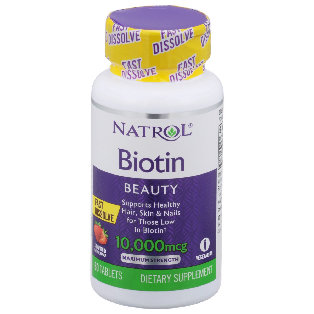 slide 10 of 14, Natrol Beauty Biotin 10000mcg, Dietary Supplement for Healthy Hair, Skin, Nails and Energy Metabolism, 60 Strawberry-Flavored Fast Dissolve Tablets, 60 Day Supply, 60 ct