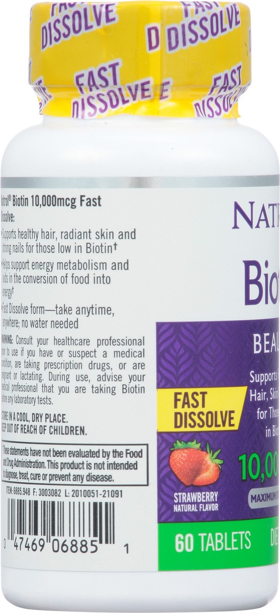 slide 3 of 14, Natrol Beauty Biotin 10000mcg, Dietary Supplement for Healthy Hair, Skin, Nails and Energy Metabolism, 60 Strawberry-Flavored Fast Dissolve Tablets, 60 Day Supply, 60 ct