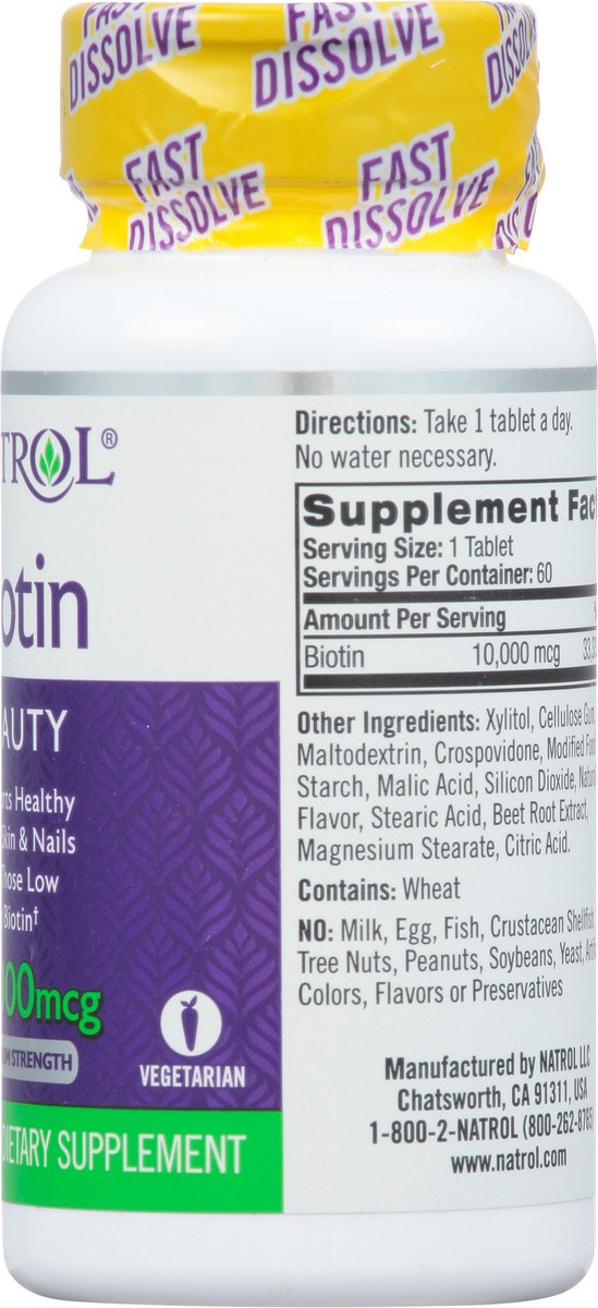 slide 4 of 14, Natrol Beauty Biotin 10000mcg, Dietary Supplement for Healthy Hair, Skin, Nails and Energy Metabolism, 60 Strawberry-Flavored Fast Dissolve Tablets, 60 Day Supply, 60 ct
