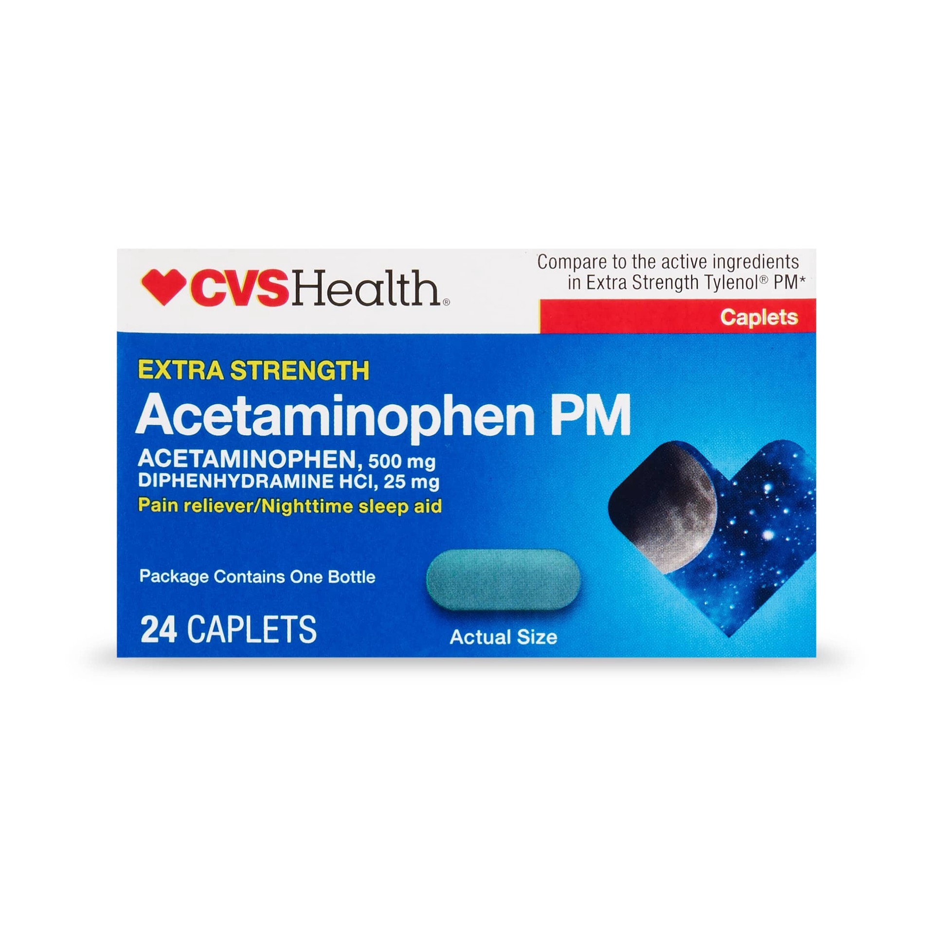 slide 1 of 1, CVS Health Extra Stength Acetaminophen Pm Pain Reliever & Nighttime Sleep-Aid Caplets, 24 Ct, 24 ct