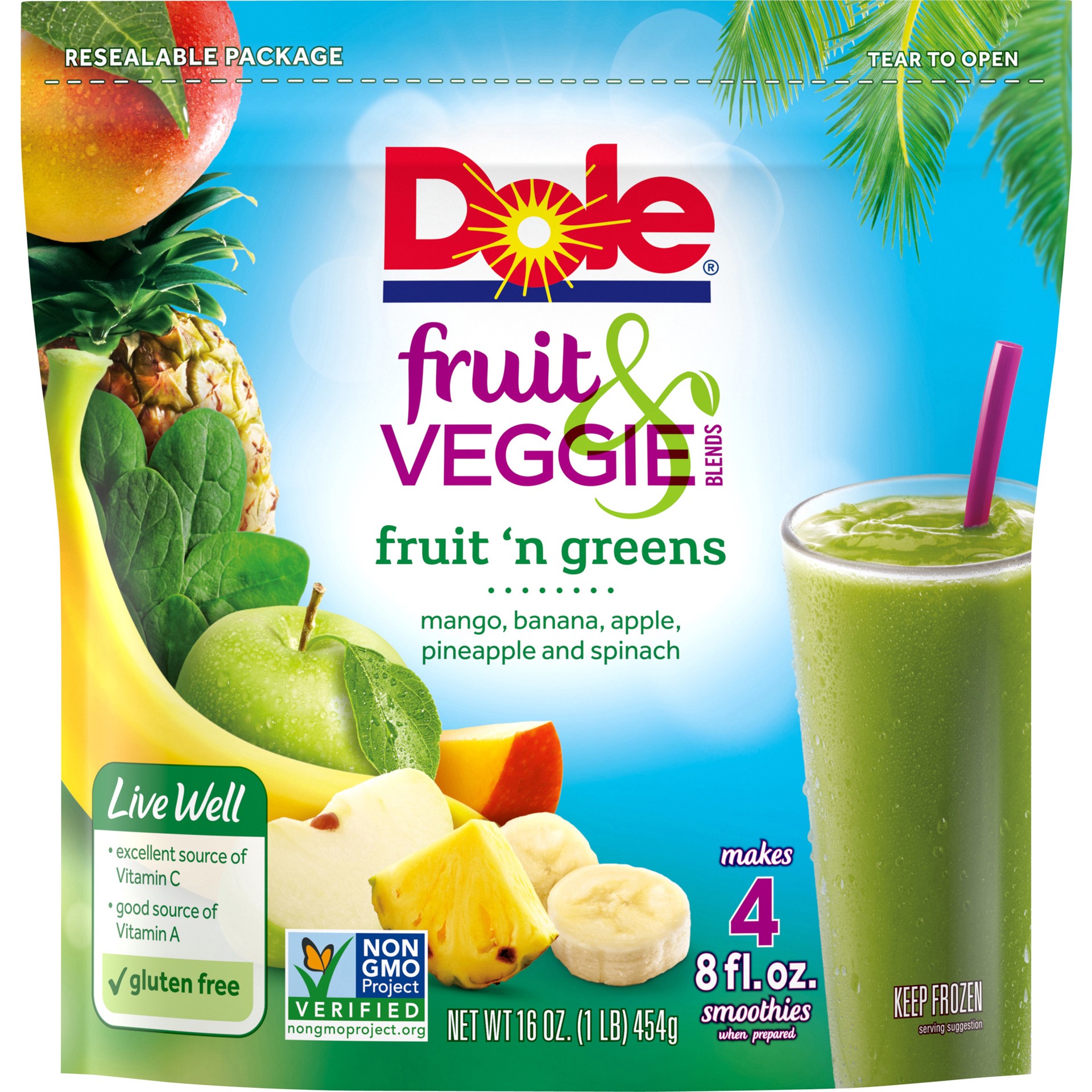 slide 1 of 8, Dole Fruit & Veggie Fruit 'N Greens, 14 oz