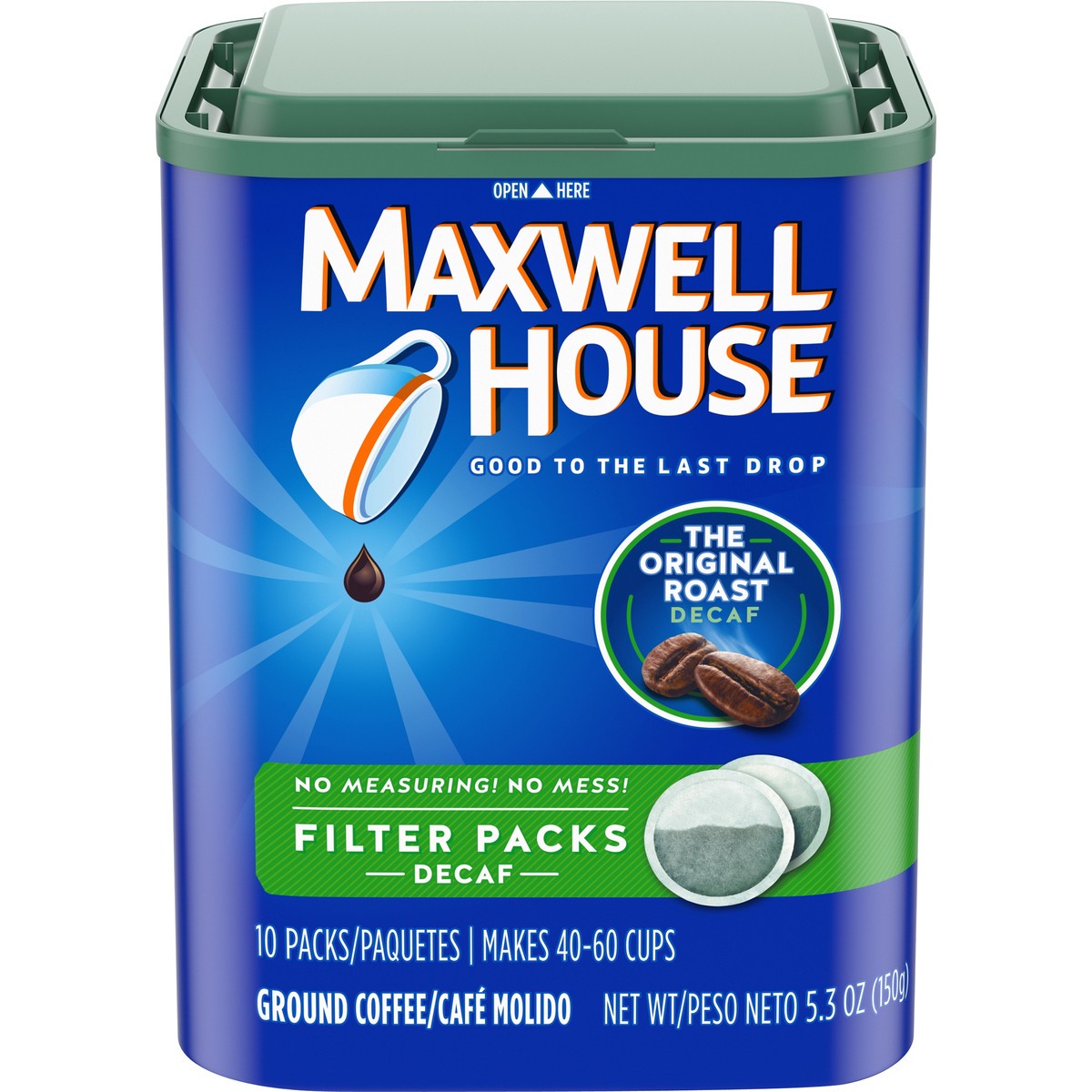 slide 1 of 8, Maxwell House Original Roast Decaf Ground Coffee Filter Packs, Decaffeinated, 5.3 oz Can, 5.3 oz