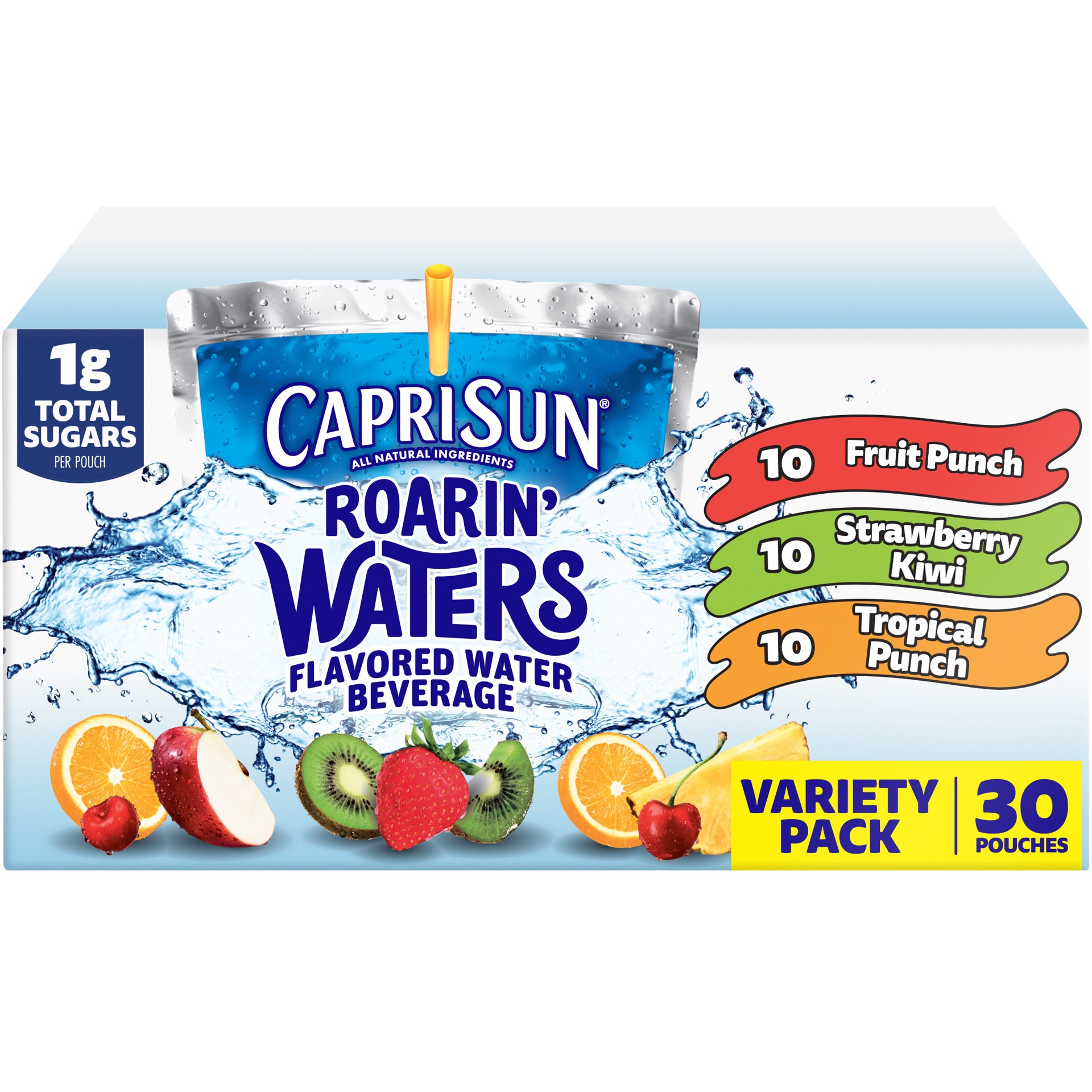 slide 1 of 11, Capri Sun Roarin' Waters Fruit Punch, Strawberry Kiwi & Tropical Punch Flavored with other natural flavor Water Beverage, 30 ct Box, 6 fl oz Drink Pouches, 30 ct; 6 fl oz