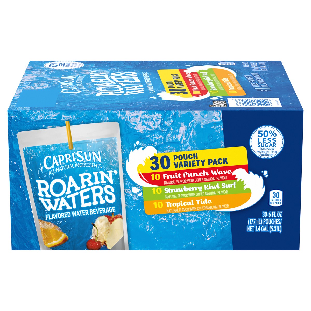 slide 6 of 11, Capri Sun Roarin' Waters Fruit Punch, Strawberry Kiwi & Tropical Punch Flavored with other natural flavor Water Beverage, 30 ct Box, 6 fl oz Drink Pouches, 30 ct; 6 fl oz