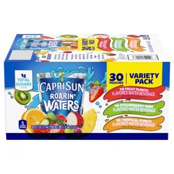 Capri Sun Roarin' Waters Fruit Punch, Strawberry Kiwi & Tropical Punch Flavored with other natural flavor Water Beverage, 30 ct Box, 6 fl oz Drink Pouches
