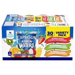 Capri Sun Roarin' Waters Fruit Punch, Strawberry Kiwi & Tropical Punch Flavored with other natural flavor Water Beverage, 30 ct Box, 6 fl oz Drink Pouches