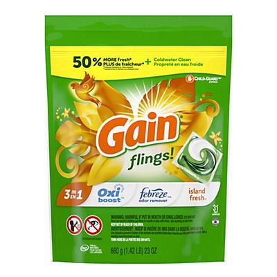 slide 1 of 1, Gain Flings! Pacs 3 in 1 Island Fresh Detergent 31 ea, 31 ct