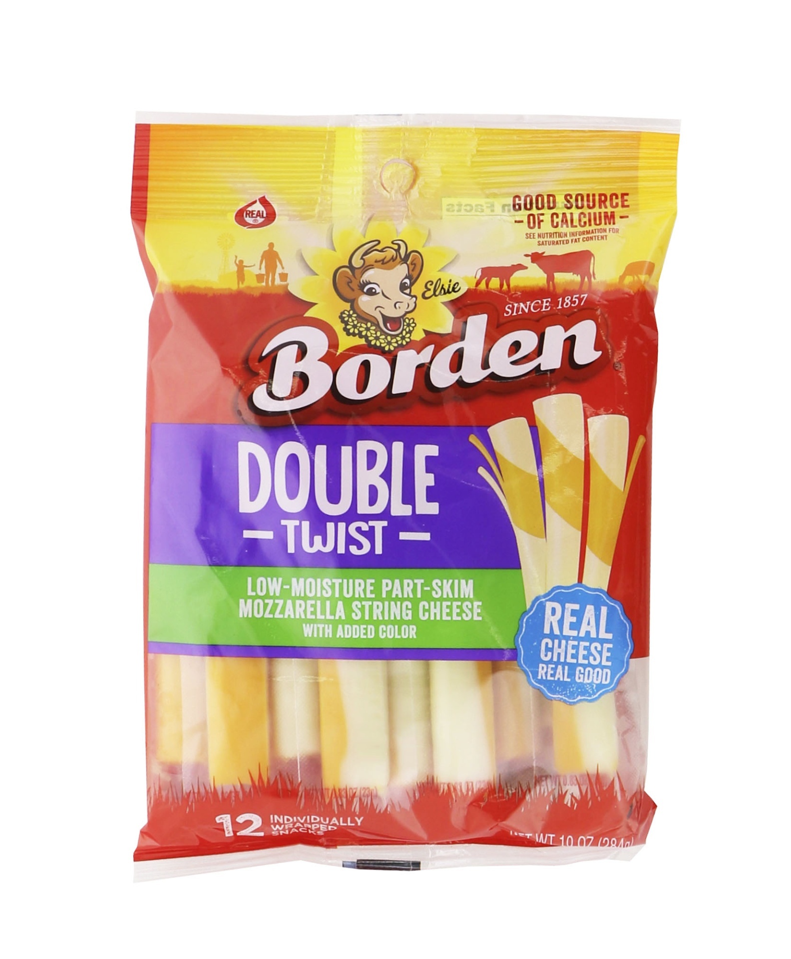 slide 1 of 1, Borden Double Twist Low-moisture Part-skim Mozzarella String Cheese Snacks, 10 oz