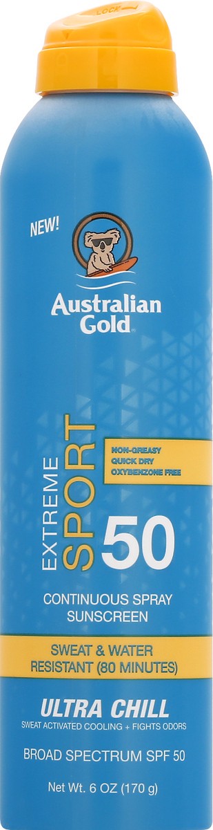 slide 6 of 9, Australian Gold Sunscreen Spray, Ultra Chill SPF 50, 5.6 oz