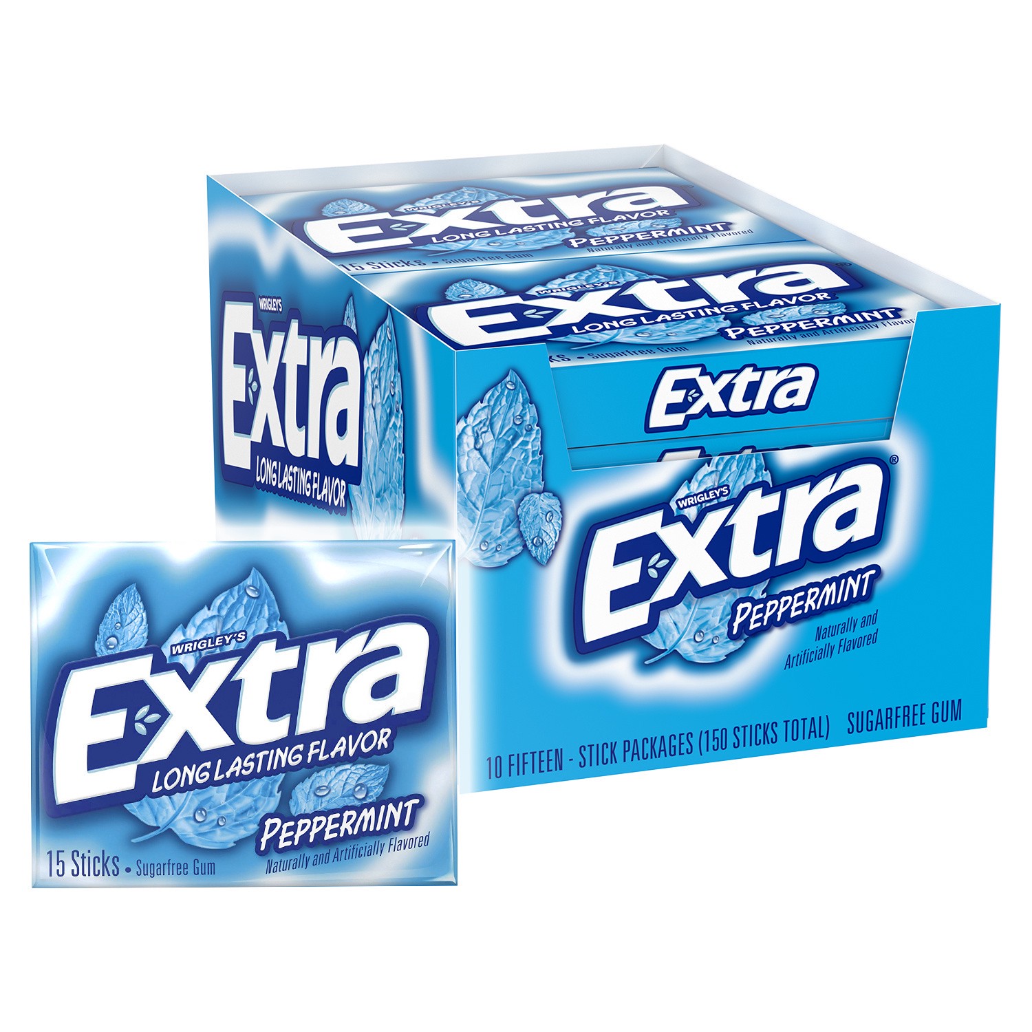 slide 1 of 9, EXTRA Gum Peppermint Chewing Gum, 15 Pieces (Pack of 10), 150 pc