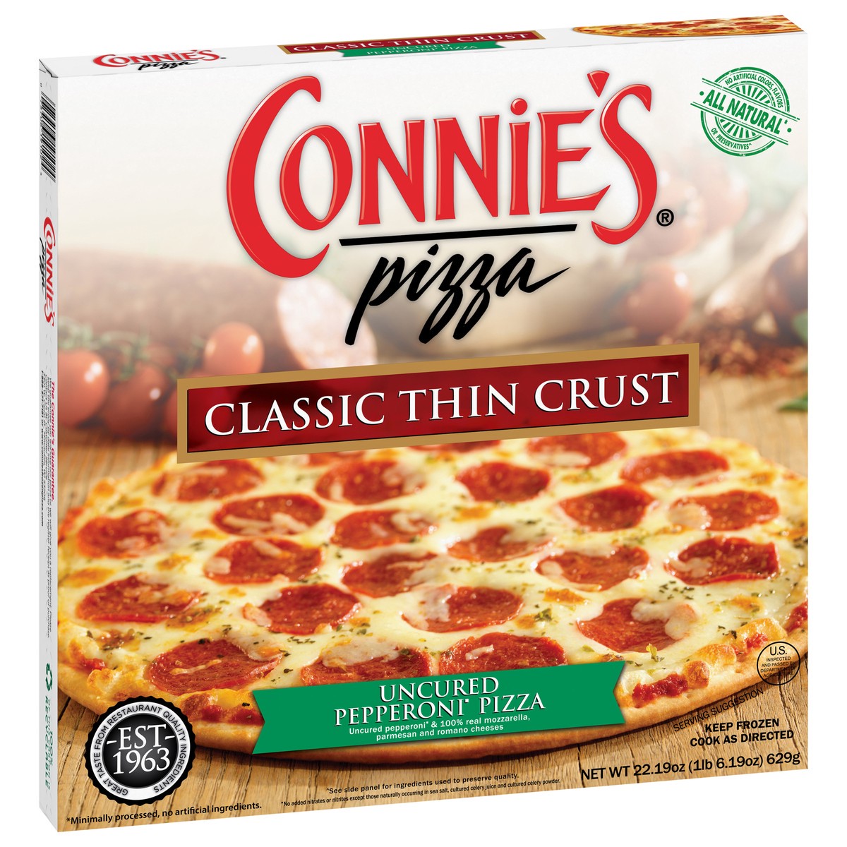 slide 7 of 11, Connie's Classic Thin Crust Uncured Pepperoni Pizza 22.19 oz, 22.19 oz