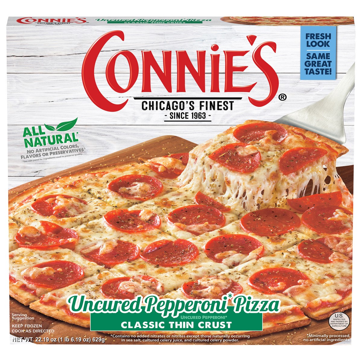 slide 1 of 11, Connie's Classic Thin Crust Uncured Pepperoni Pizza 22.19 oz, 22.19 oz