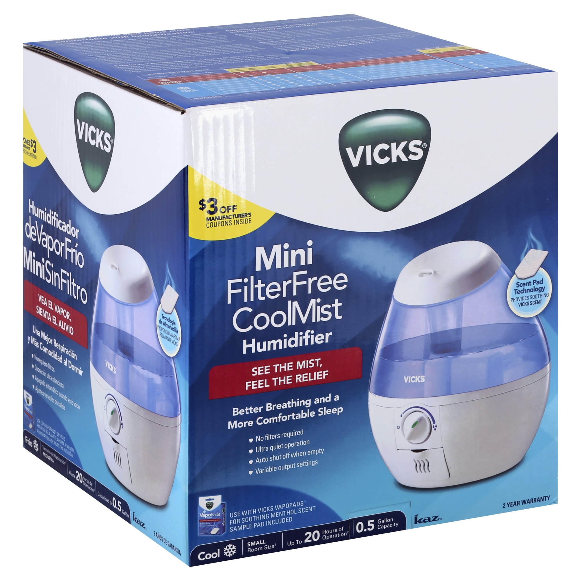 slide 1 of 2, Vicks Mini Filter Free Ultrasonic Cool Mist Humidifier, 1/2 gal