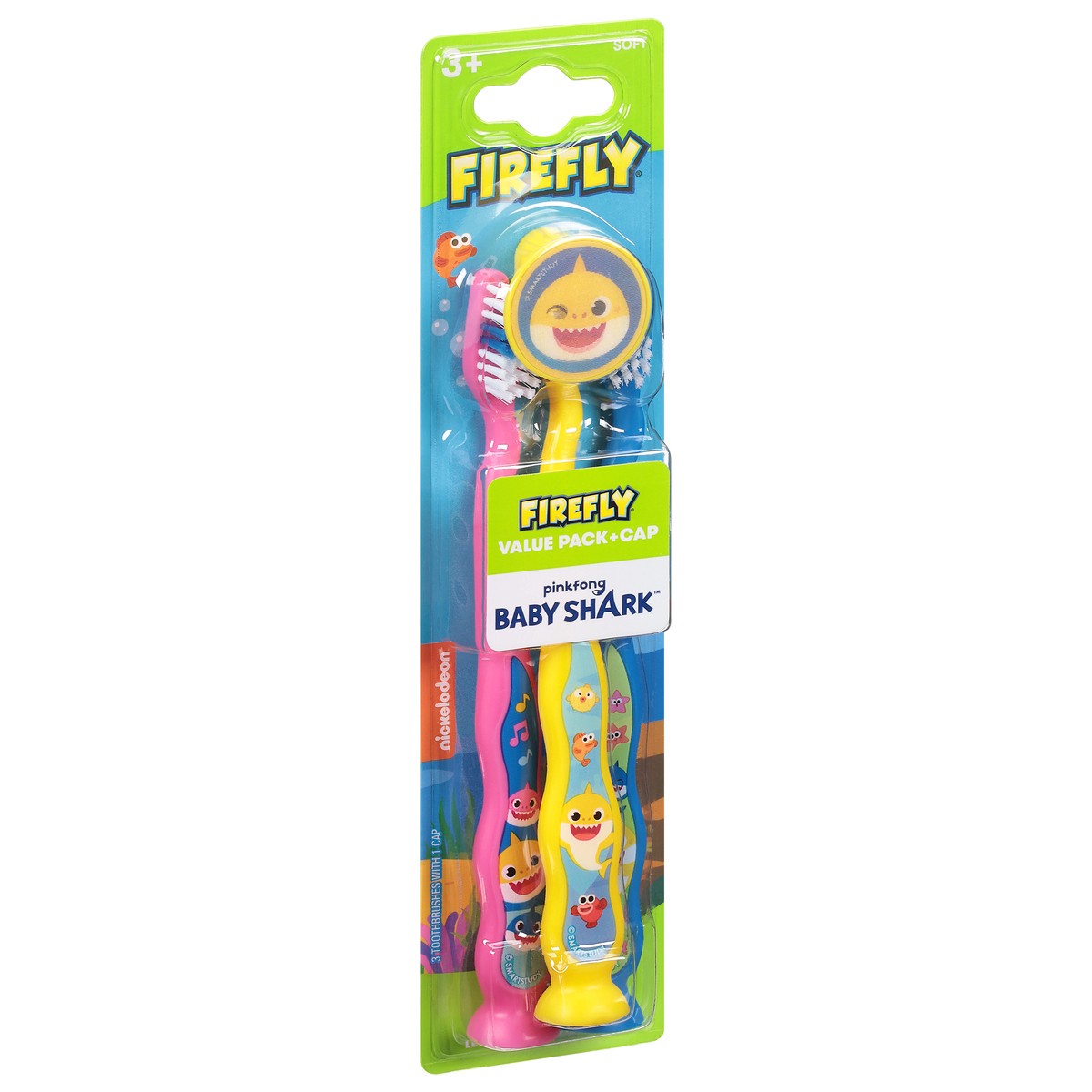 slide 6 of 9, Firefly 3+ Value Pack + Cap Soft Pinkfong Baby Shark Toothbrush 3 ea, 3 ct