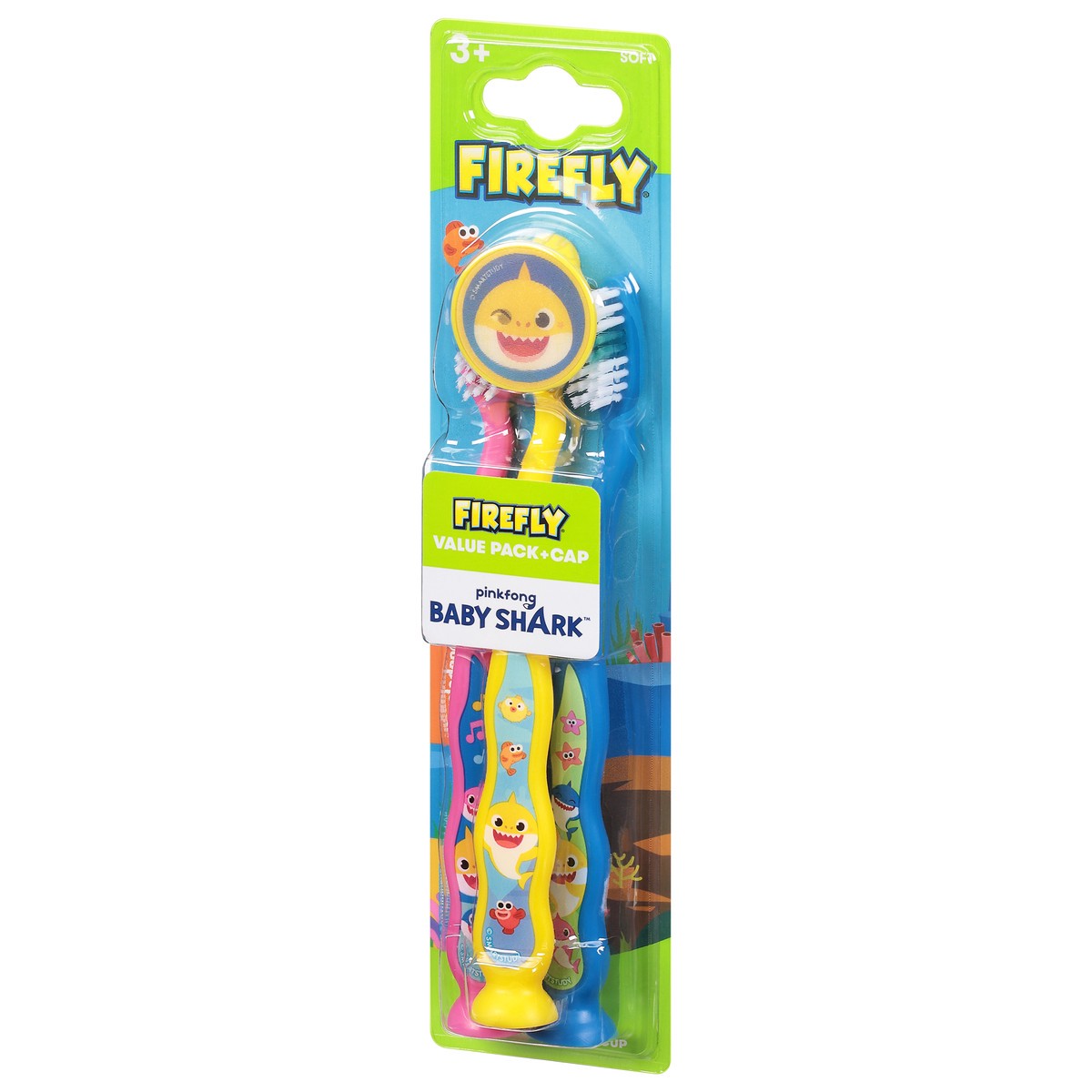 slide 3 of 9, Firefly 3+ Value Pack + Cap Soft Pinkfong Baby Shark Toothbrush 3 ea, 3 ct