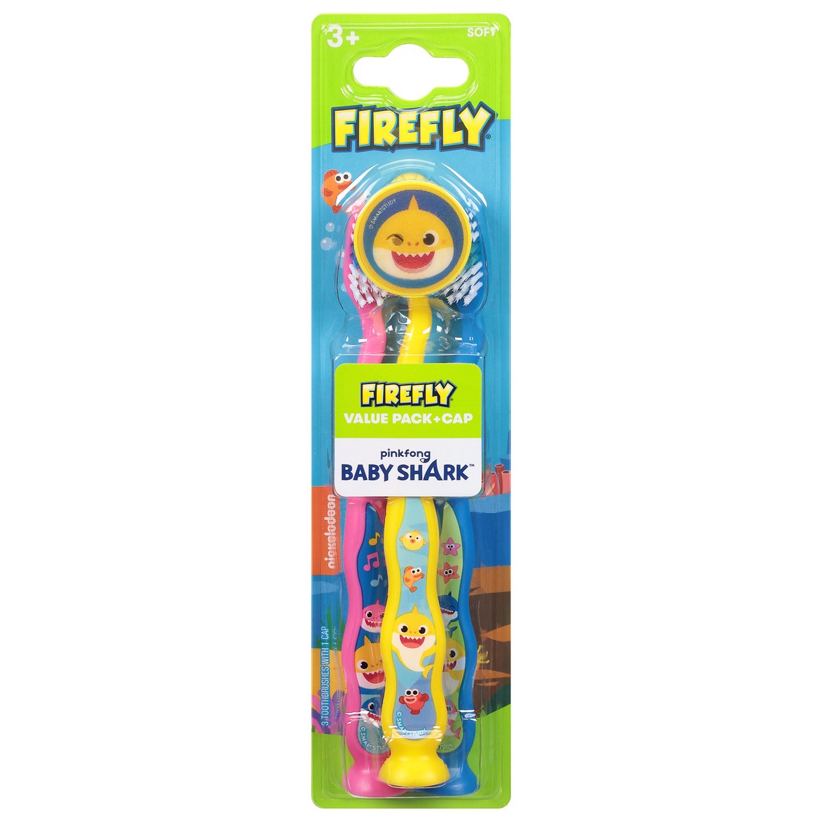 slide 9 of 9, Firefly 3+ Value Pack + Cap Soft Pinkfong Baby Shark Toothbrush 3 ea, 3 ct